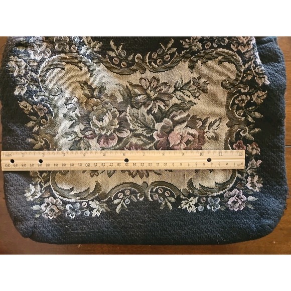 Vintage SELIGMAN New York Tapestry Tote Purse Floral Wood Handles - Picture 12 of 13